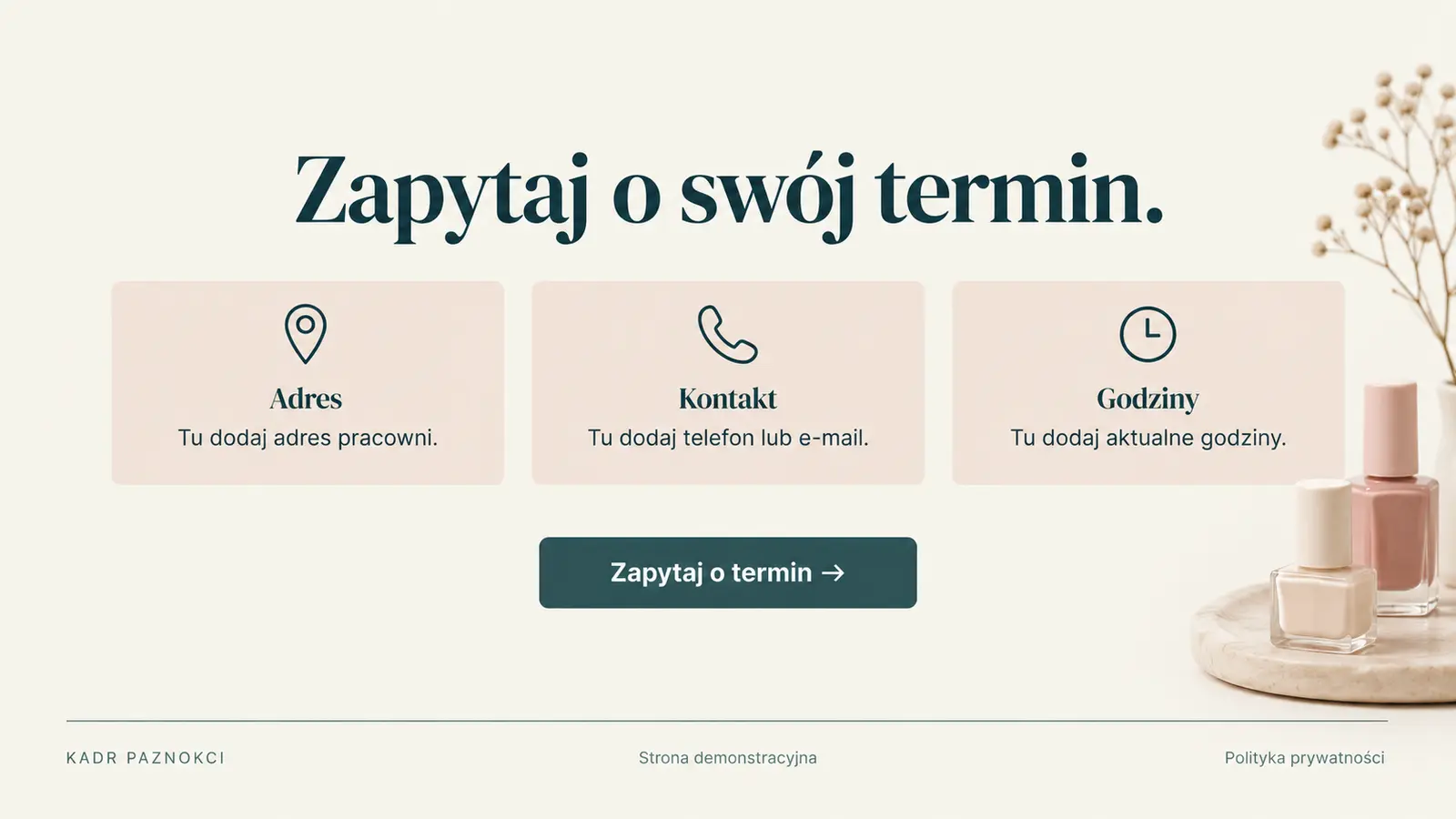 Projekt szablonu Galeria dla stylistki paznokci — sekcja Kontakt i pracownia