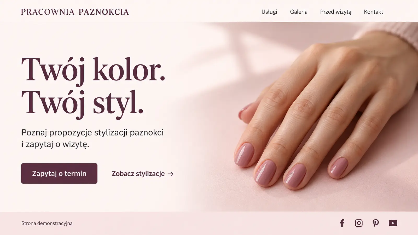 Projekt szablonu Klasyczny dla stylistki paznokci — sekcja Powitanie w pracowni