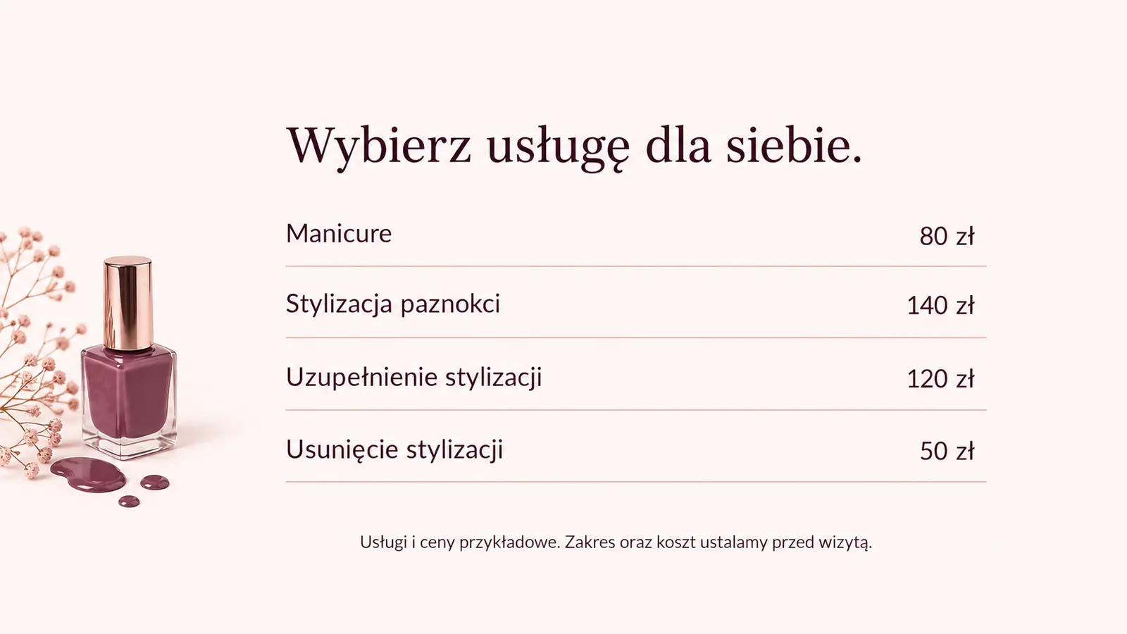Projekt szablonu Klasyczny dla stylistki paznokci — sekcja Usługi i cennik