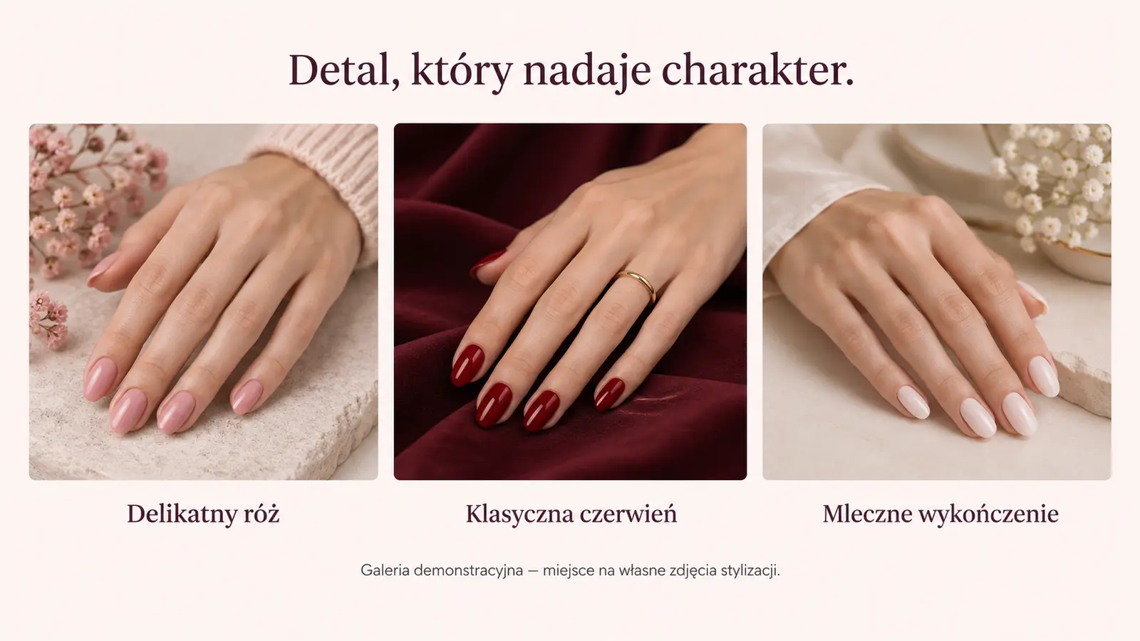 Projekt szablonu Klasyczny dla stylistki paznokci — sekcja Galeria inspiracji