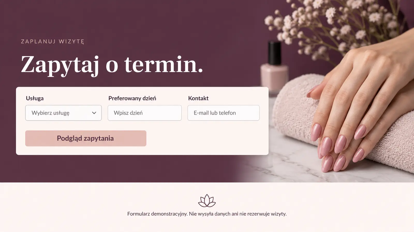 Projekt szablonu Klasyczny dla stylistki paznokci — sekcja Zapytanie o wizytę