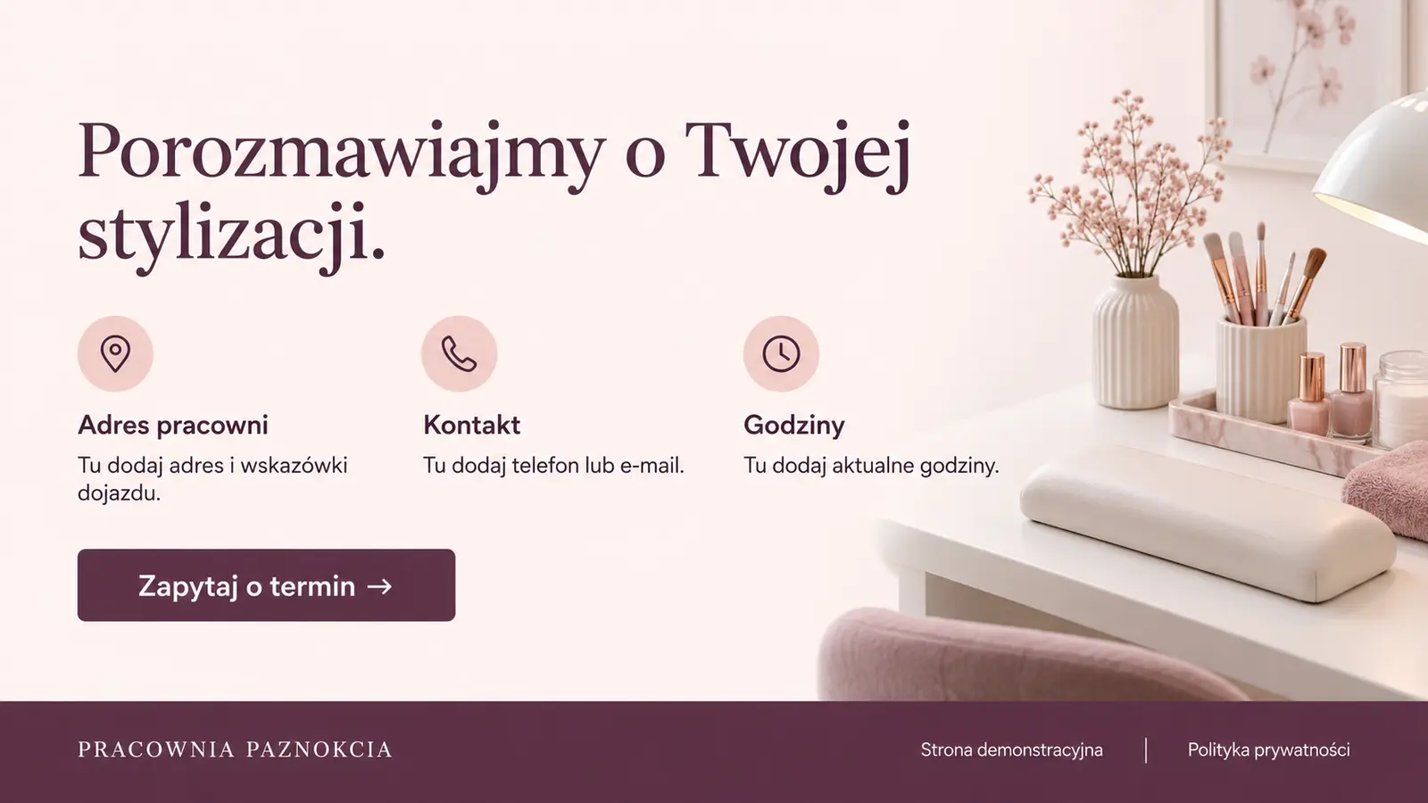 Projekt szablonu Klasyczny dla stylistki paznokci — sekcja Kontakt i pracownia
