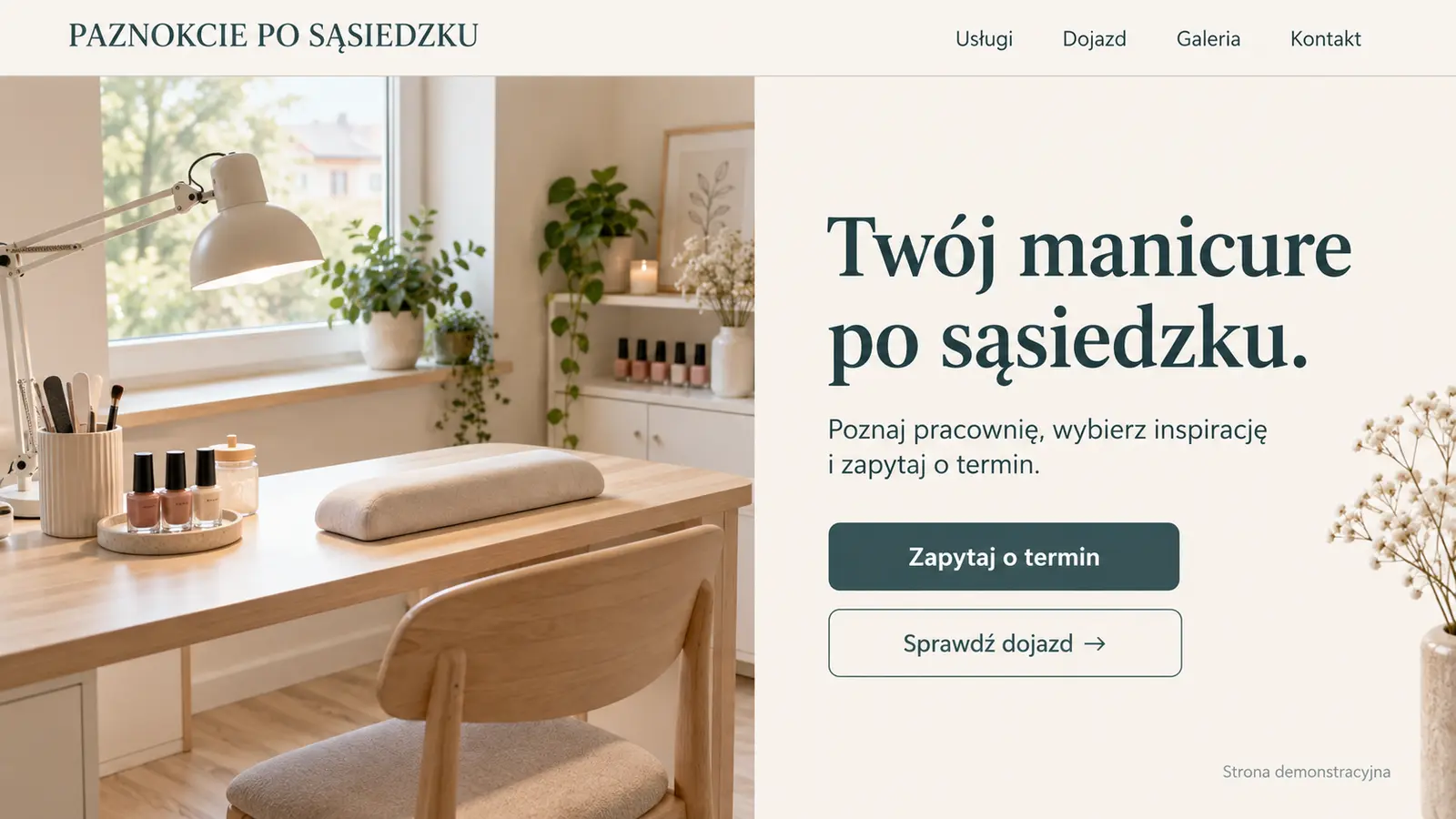 Projekt szablonu Lokalny dla stylistki paznokci — sekcja Pracownia po sąsiedzku