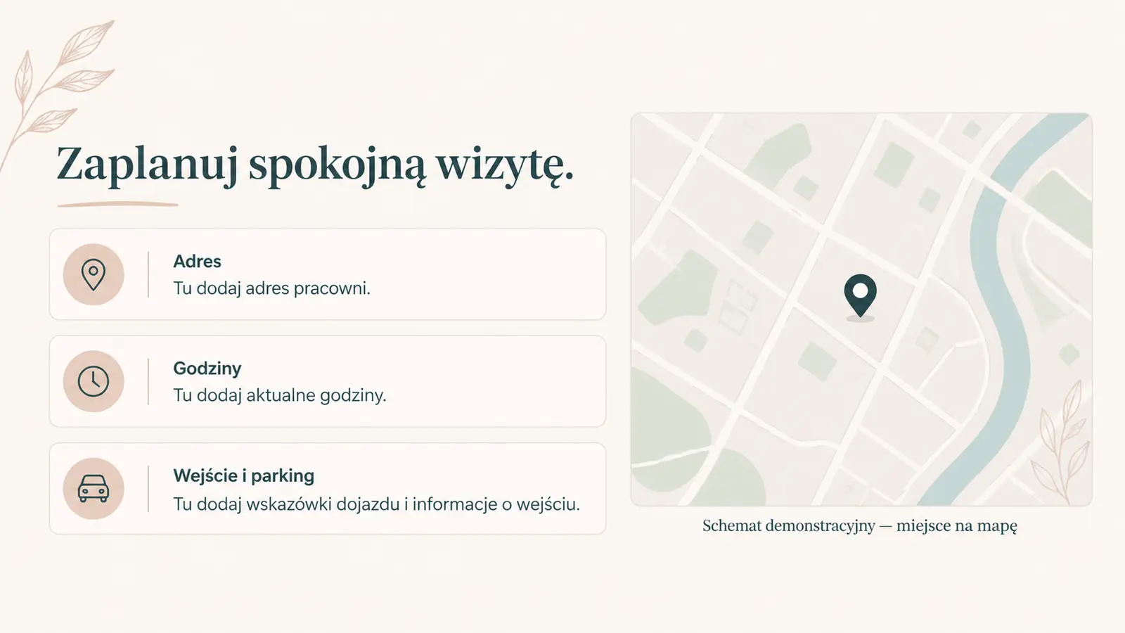 Projekt szablonu Lokalny dla stylistki paznokci — sekcja Dojazd do pracowni