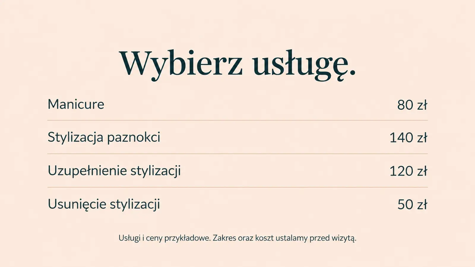 Projekt szablonu Lokalny dla stylistki paznokci — sekcja Usługi i ceny