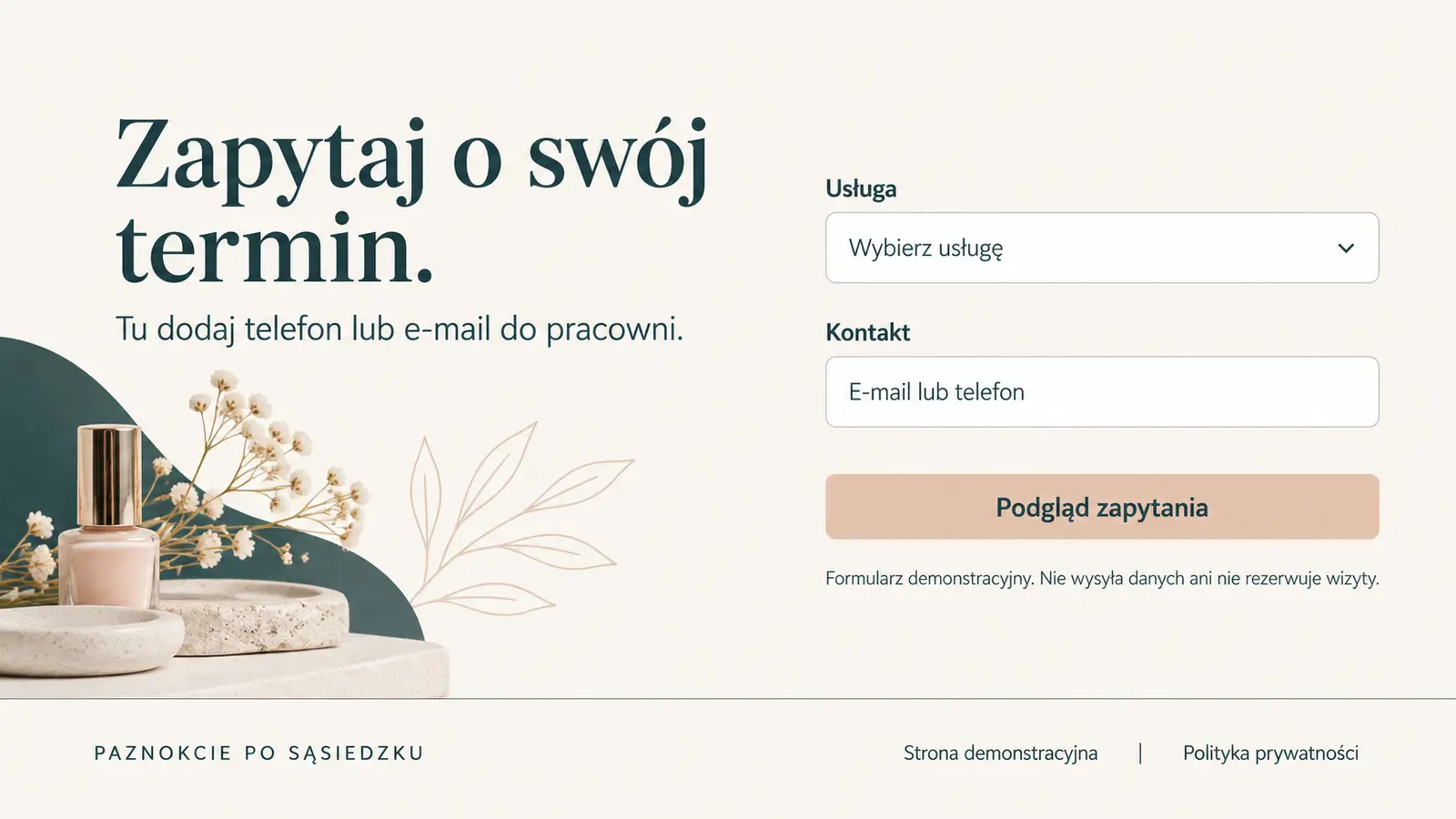 Projekt szablonu Lokalny dla stylistki paznokci — sekcja Kontakt i zapytanie