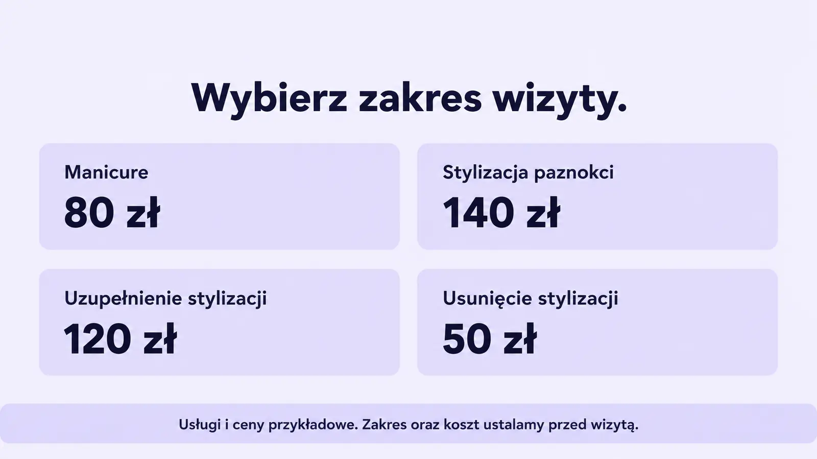 Projekt szablonu Nowoczesny dla stylistki paznokci — sekcja Usługi i ceny