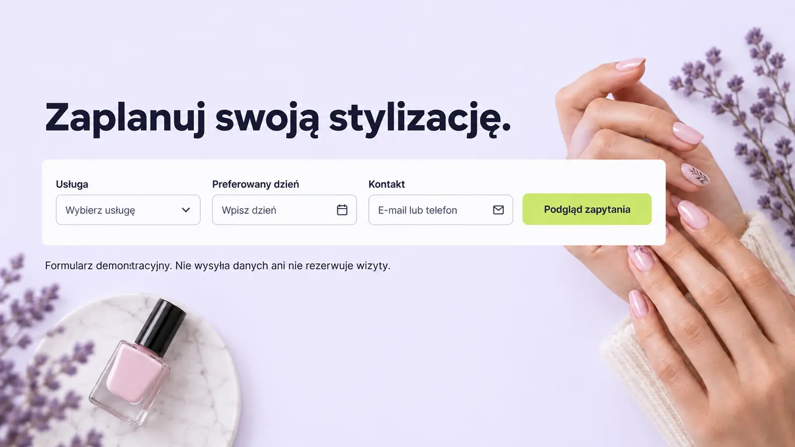 Projekt szablonu Nowoczesny dla stylistki paznokci — sekcja Zapytaj o termin