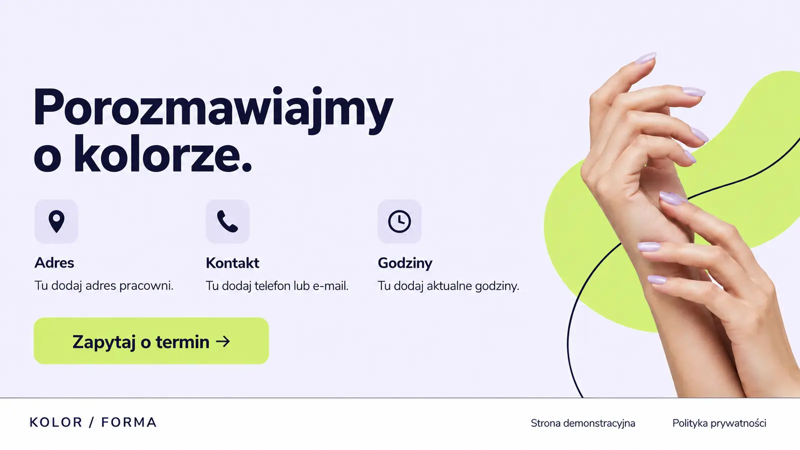 Projekt szablonu Nowoczesny dla stylistki paznokci — sekcja Kontakt i pracownia