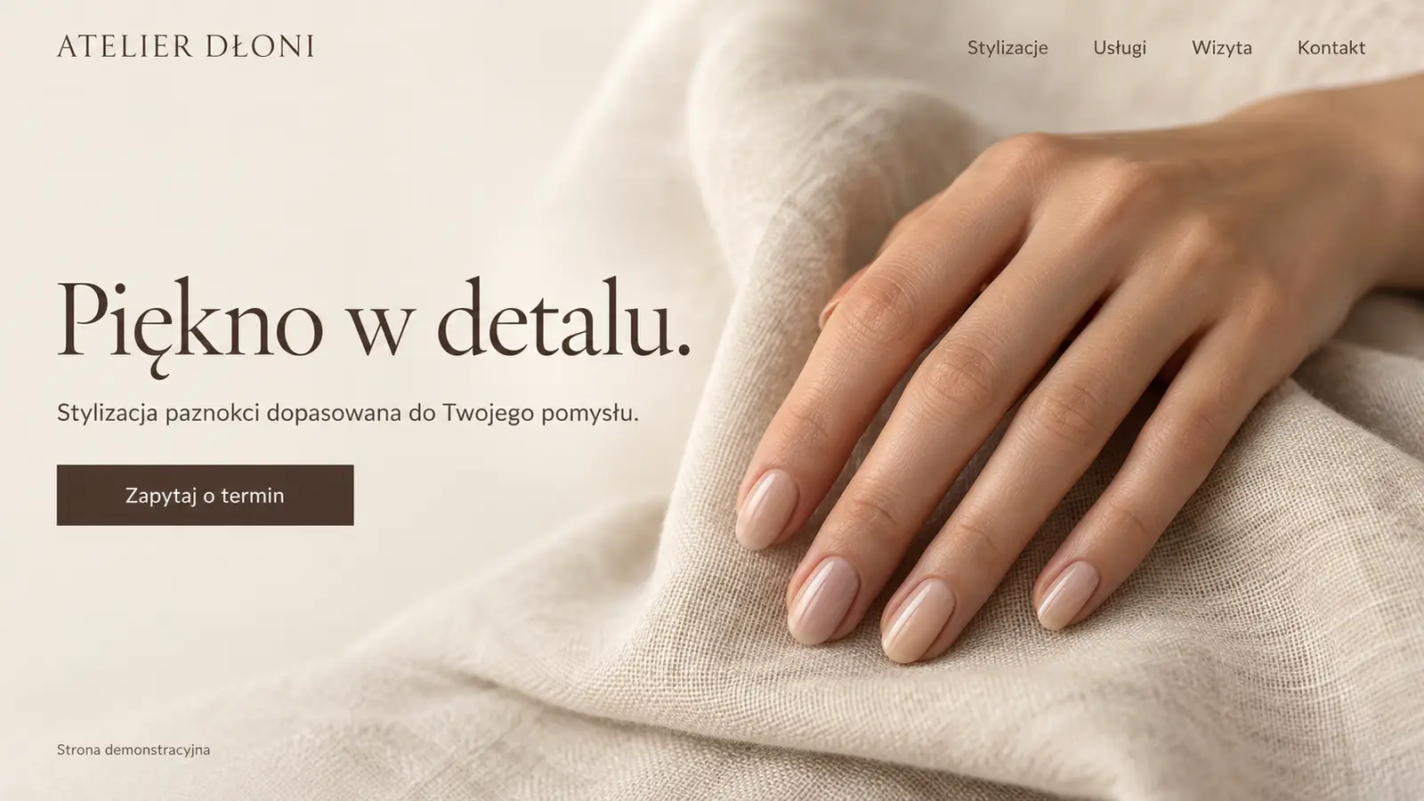 Projekt szablonu Premium dla stylistki paznokci — sekcja Atelier dłoni