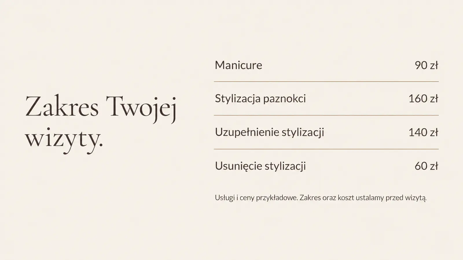 Projekt szablonu Premium dla stylistki paznokci — sekcja Usługi i ceny