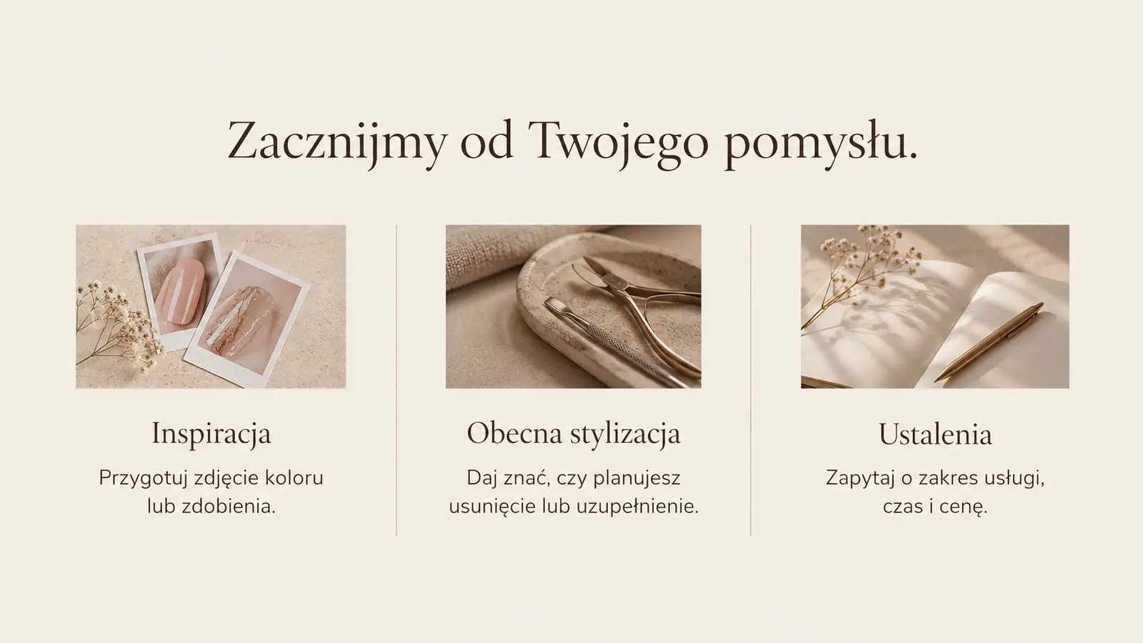 Projekt szablonu Premium dla stylistki paznokci — sekcja Przygotowanie do wizyty