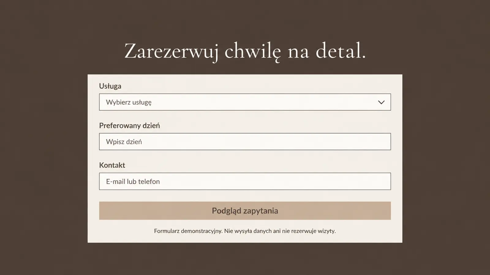 Projekt szablonu Premium dla stylistki paznokci — sekcja Zapytanie o wizytę