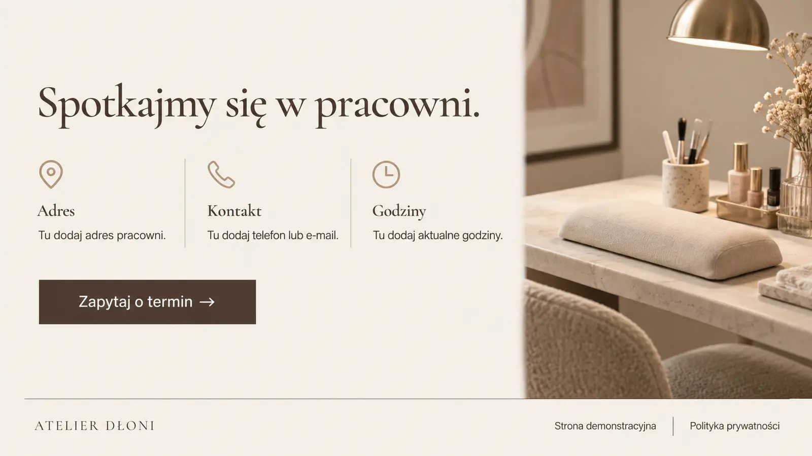 Projekt szablonu Premium dla stylistki paznokci — sekcja Pracownia i kontakt