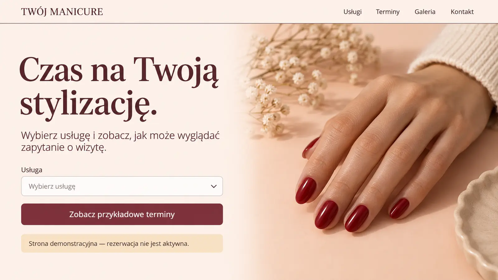 Projekt szablonu Rezerwacje dla stylistki paznokci — sekcja Zapytanie na pierwszym planie