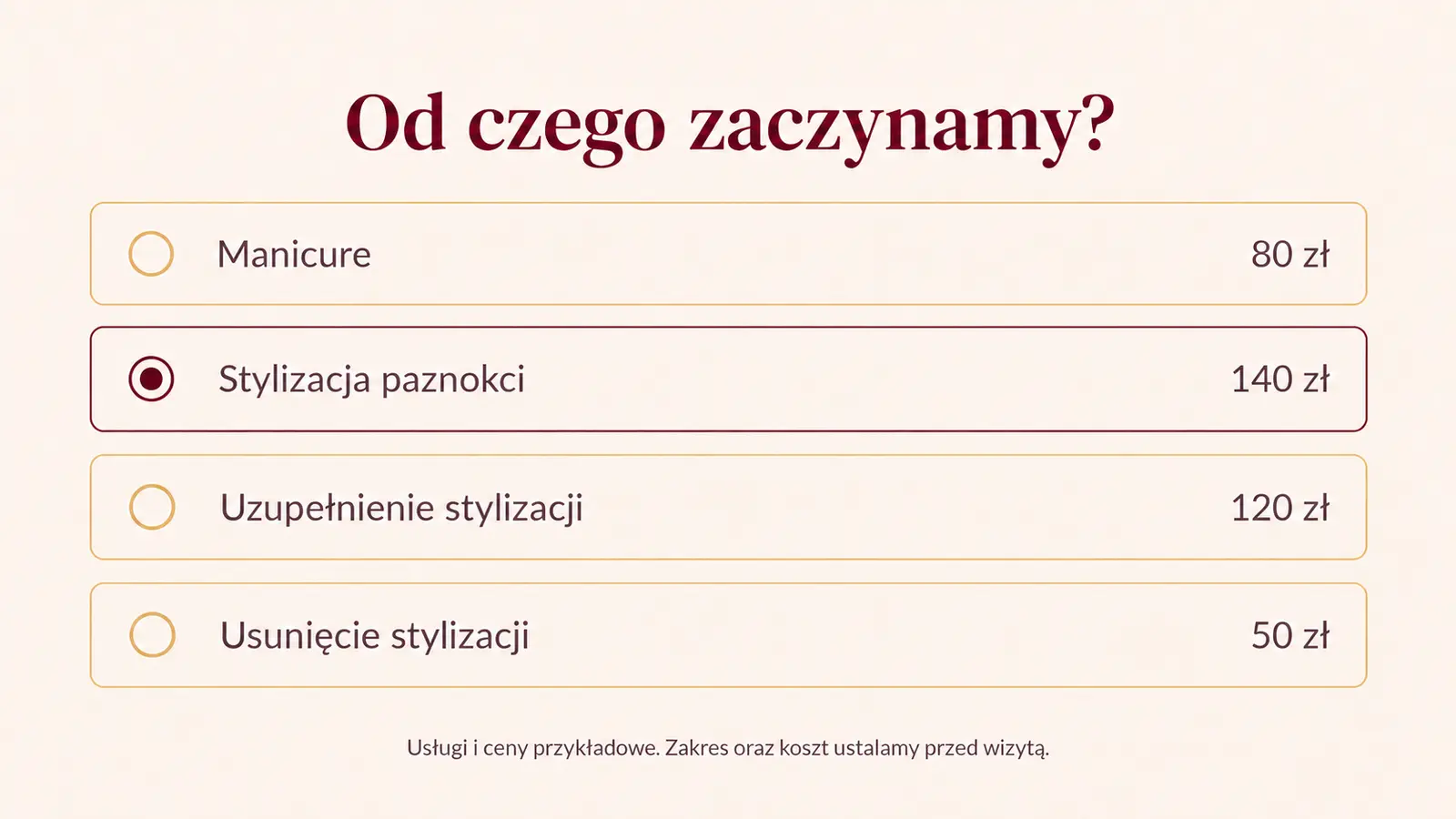 Projekt szablonu Rezerwacje dla stylistki paznokci — sekcja Wybór usługi