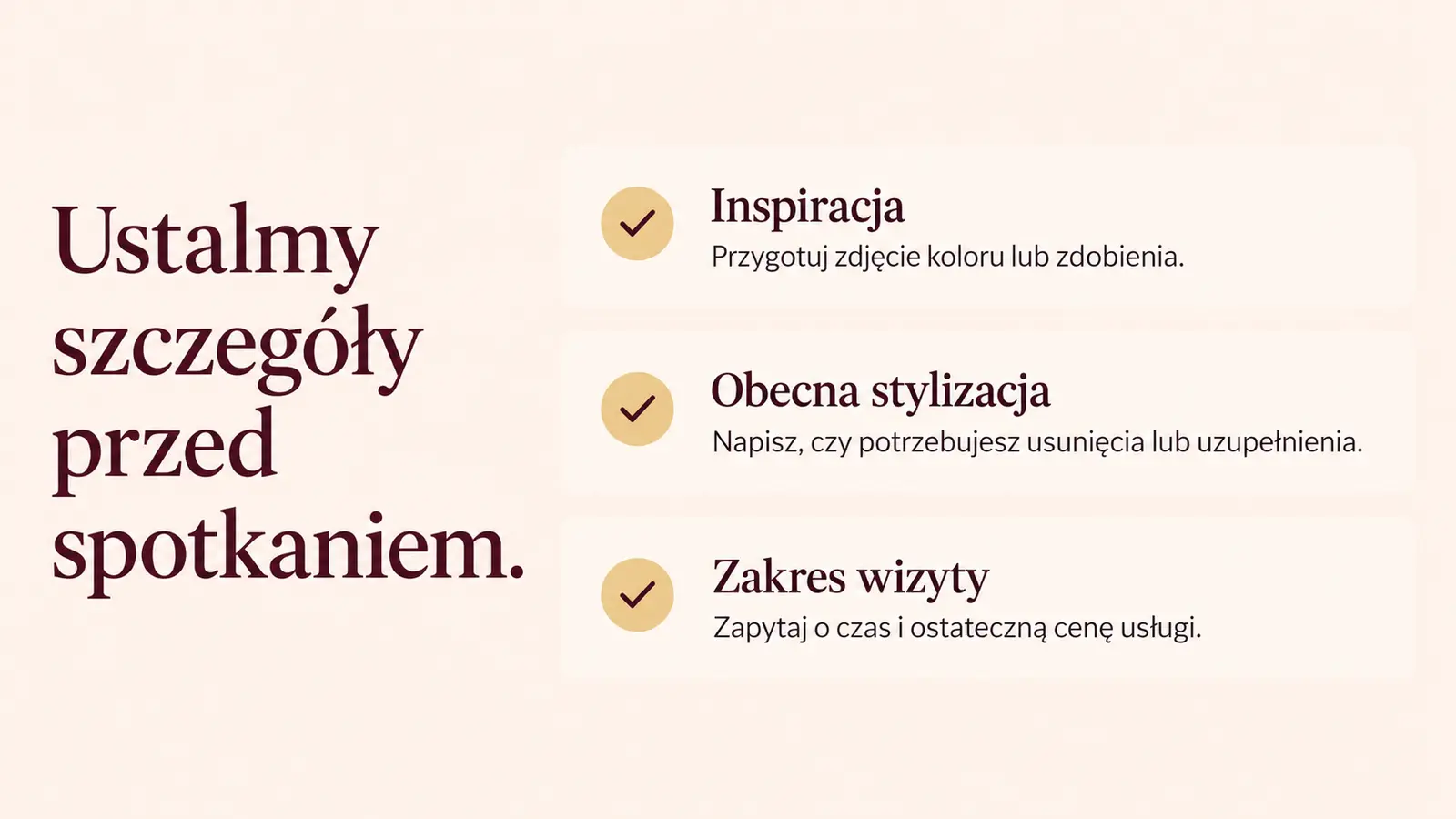 Projekt szablonu Rezerwacje dla stylistki paznokci — sekcja Przed wizytą