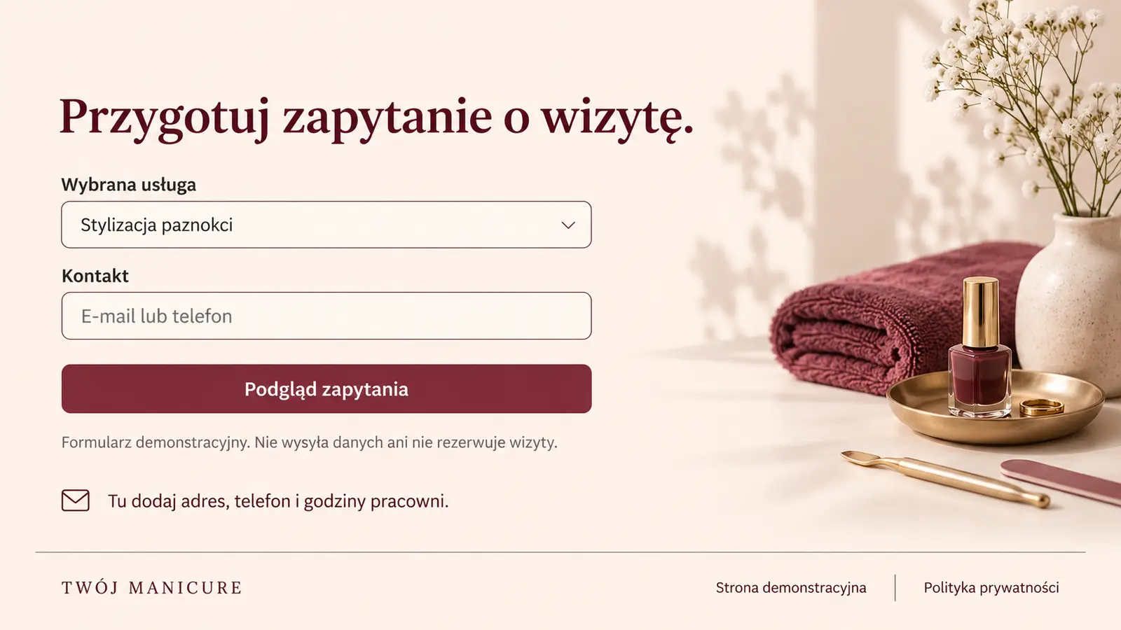 Projekt szablonu Rezerwacje dla stylistki paznokci — sekcja Zapytanie i kontakt