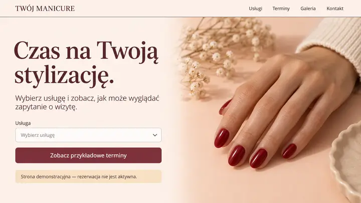 Projekt szablonu Rezerwacje dla branży Stylistka paznokci — pierwszy ekran