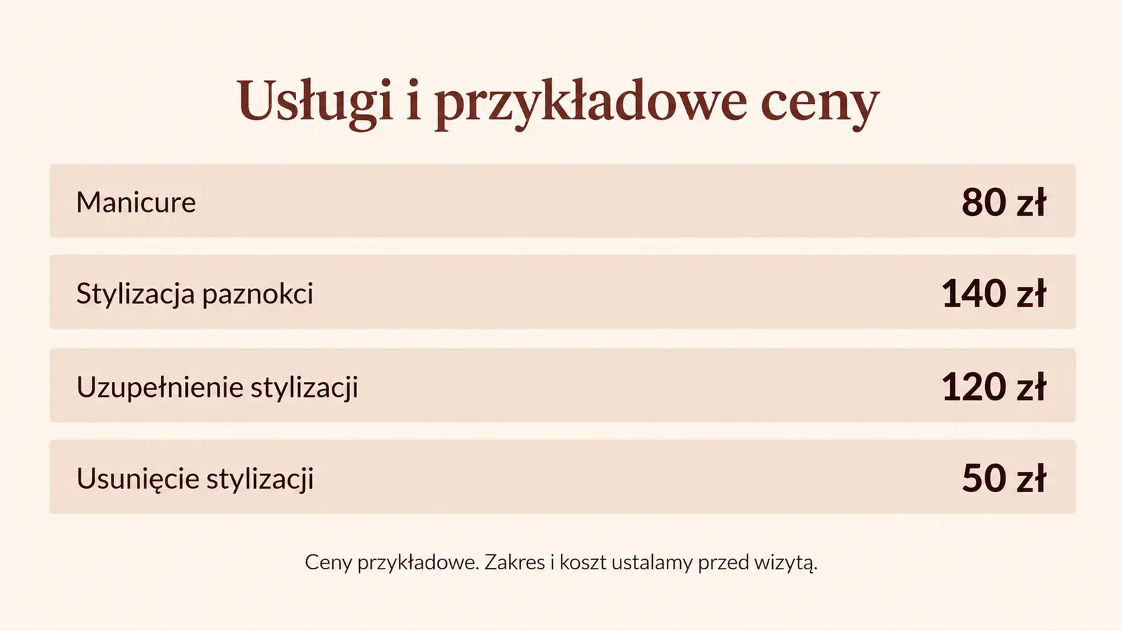 Projekt szablonu Wizytówka dla stylistki paznokci — sekcja Usługi i ceny