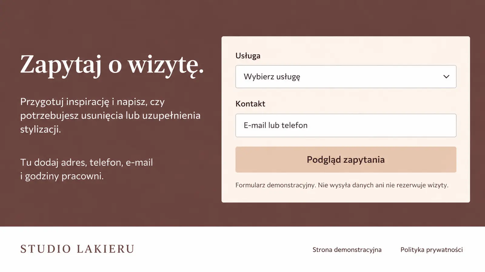 Projekt szablonu Wizytówka dla stylistki paznokci — sekcja Wizyta i kontakt