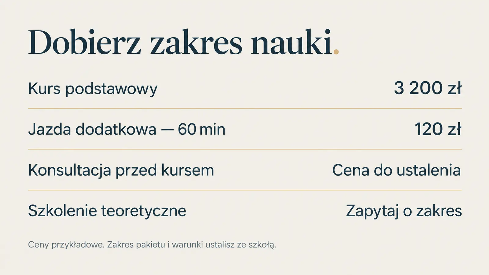 Projekt szablonu Ekspert dla szkoły jazdy — sekcja Zakres i ceny