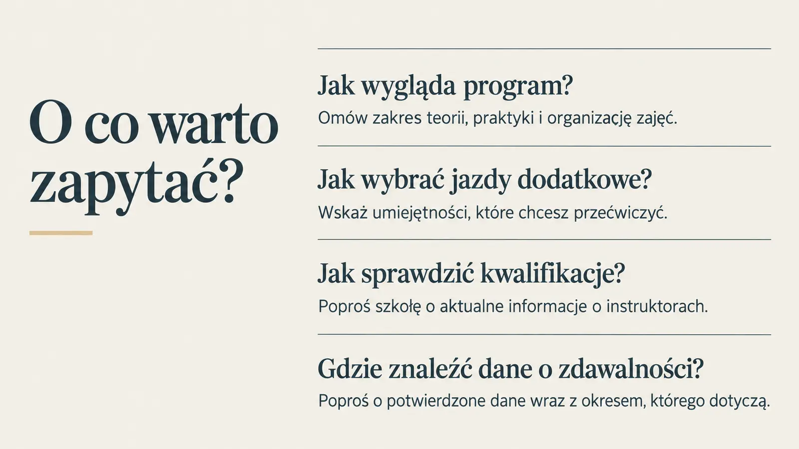 Projekt szablonu Ekspert dla szkoły jazdy — sekcja Pytania przed kursem