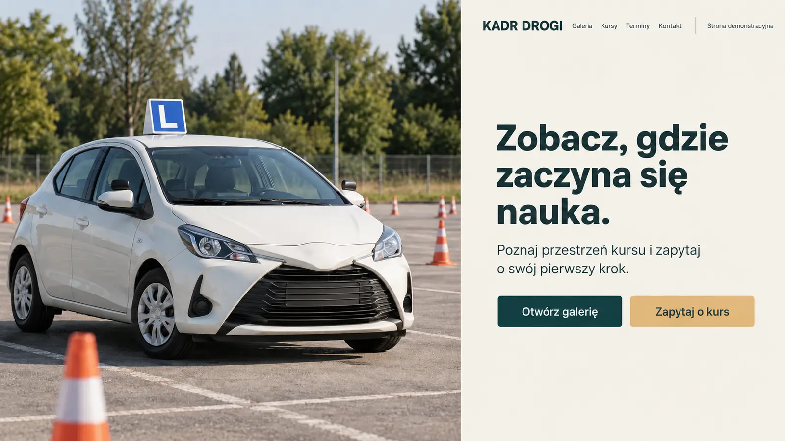 Projekt szablonu Galeria dla szkoły jazdy — sekcja Poznaj szkołę