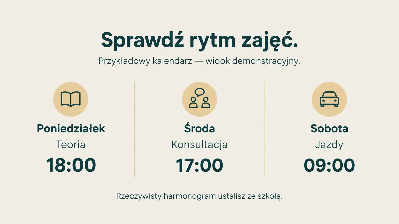 Projekt szablonu Galeria dla szkoły jazdy — sekcja Zajęcia