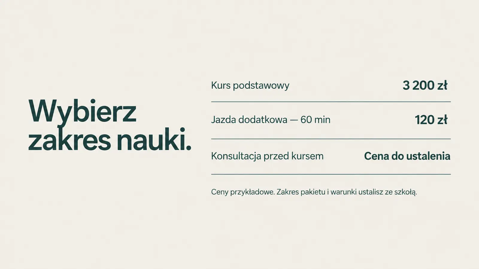 Projekt szablonu Galeria dla szkoły jazdy — sekcja Oferta i ceny