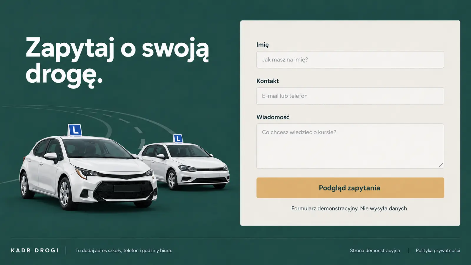 Projekt szablonu Galeria dla szkoły jazdy — sekcja Kontakt