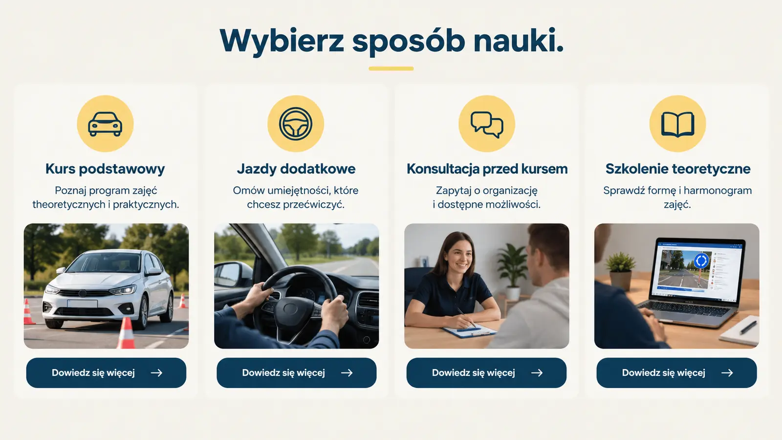 Projekt szablonu Klasyczny dla szkoły jazdy — sekcja Oferta