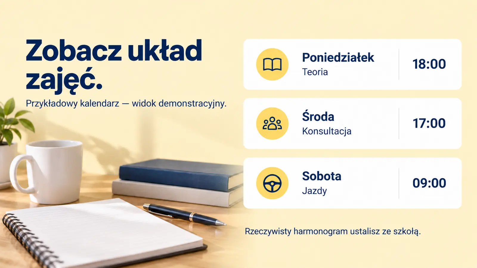 Projekt szablonu Klasyczny dla szkoły jazdy — sekcja Kalendarz