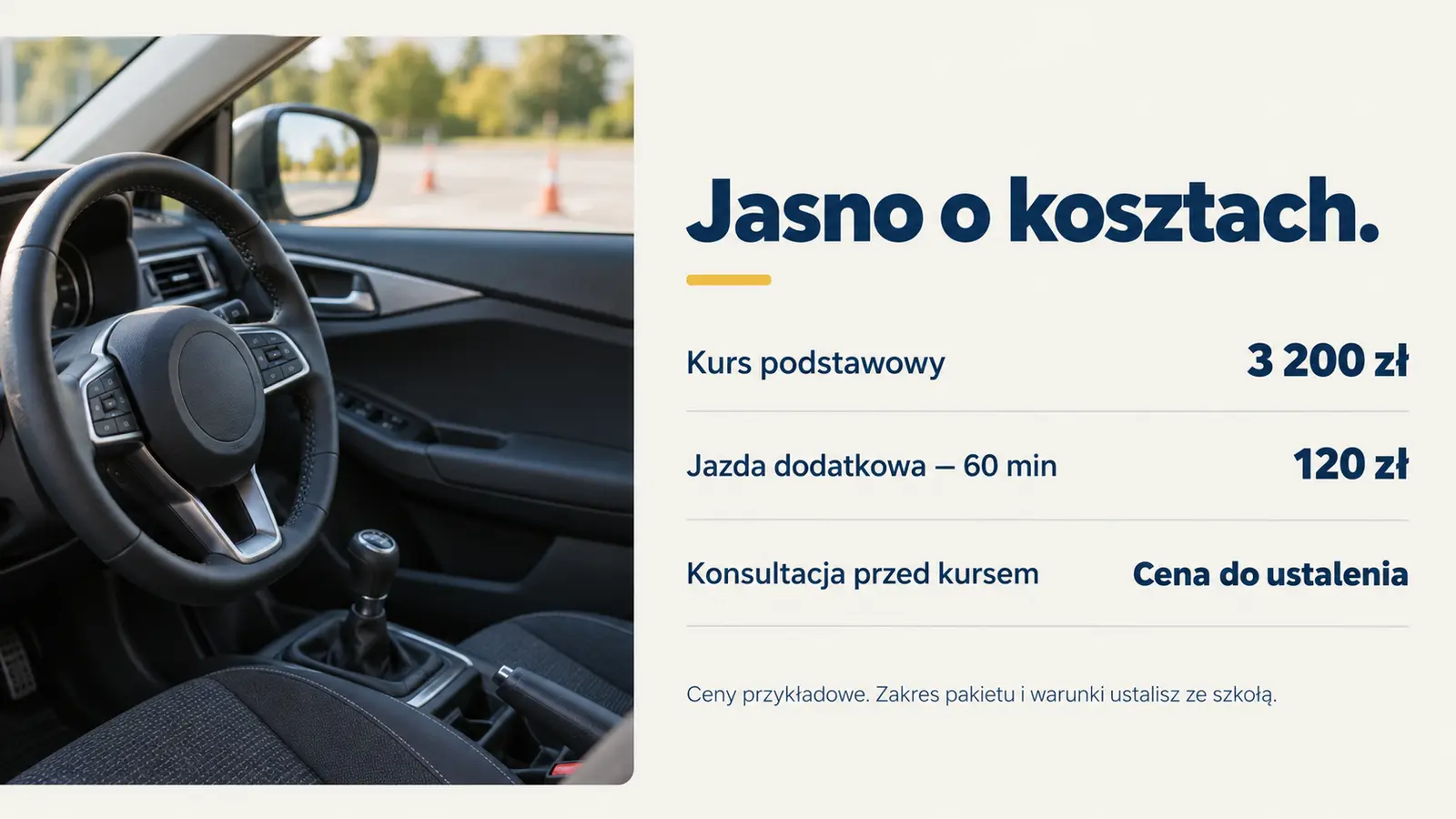 Projekt szablonu Klasyczny dla szkoły jazdy — sekcja Cennik