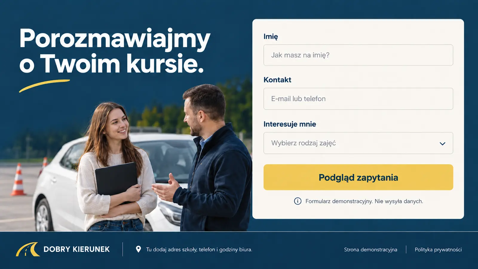 Projekt szablonu Klasyczny dla szkoły jazdy — sekcja Zapytanie o kurs