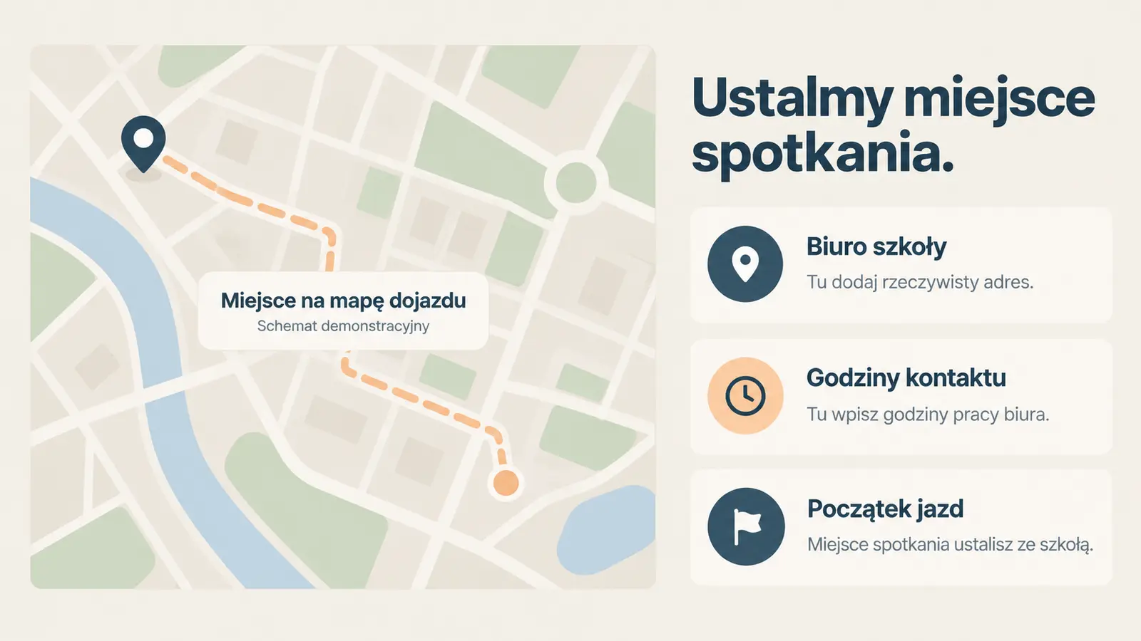 Projekt szablonu Lokalny dla szkoły jazdy — sekcja Miejsce spotkania