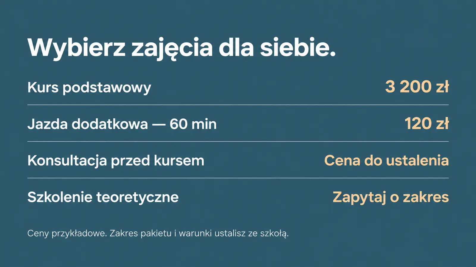 Projekt szablonu Lokalny dla szkoły jazdy — sekcja Oferta i cennik