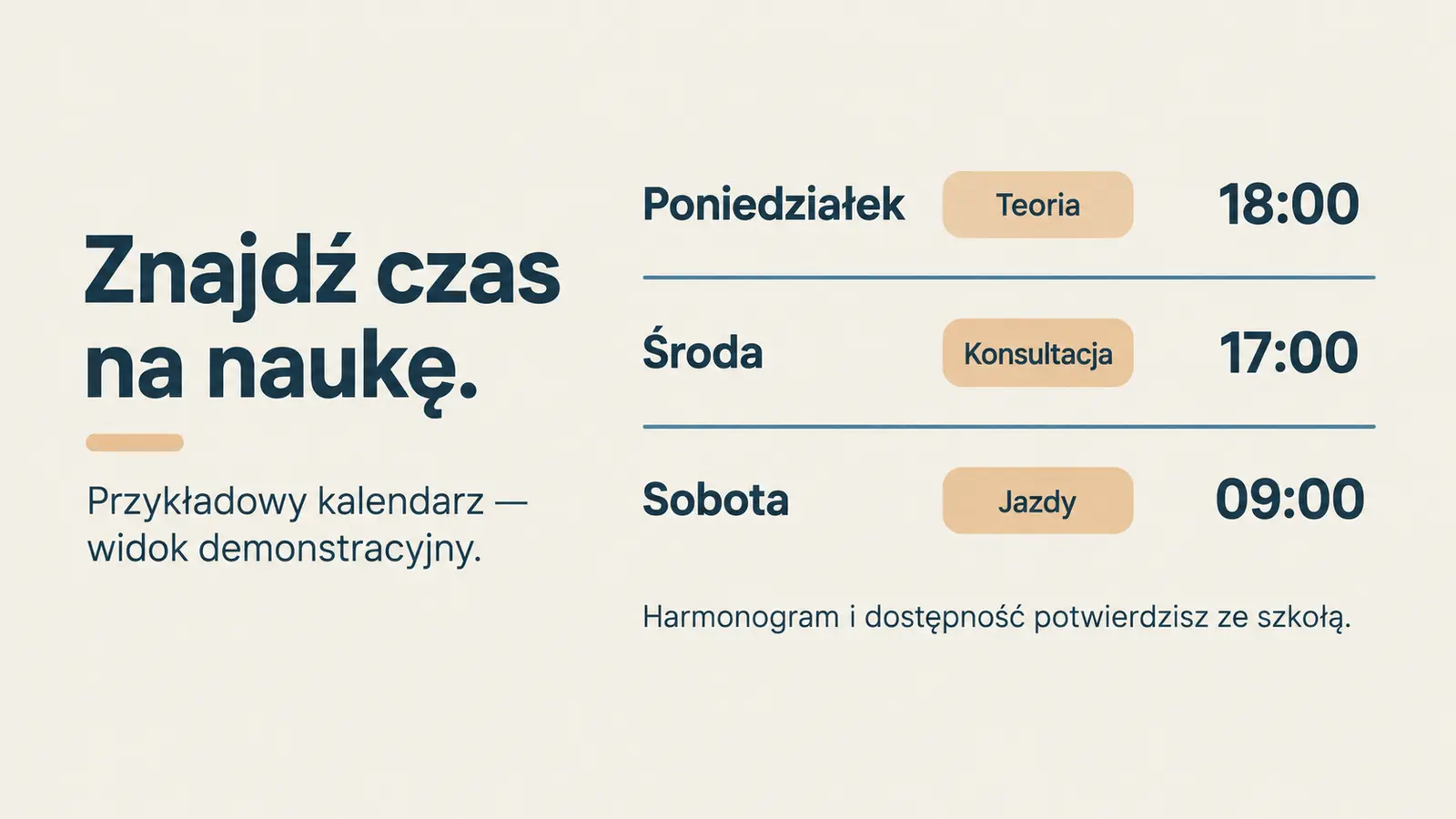 Projekt szablonu Lokalny dla szkoły jazdy — sekcja Harmonogram