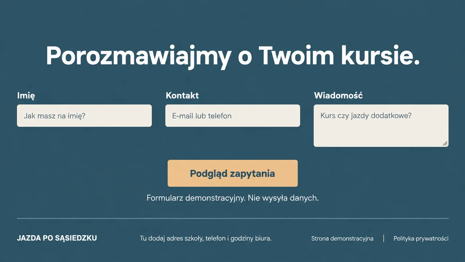 Projekt szablonu Lokalny dla szkoły jazdy — sekcja Kontakt