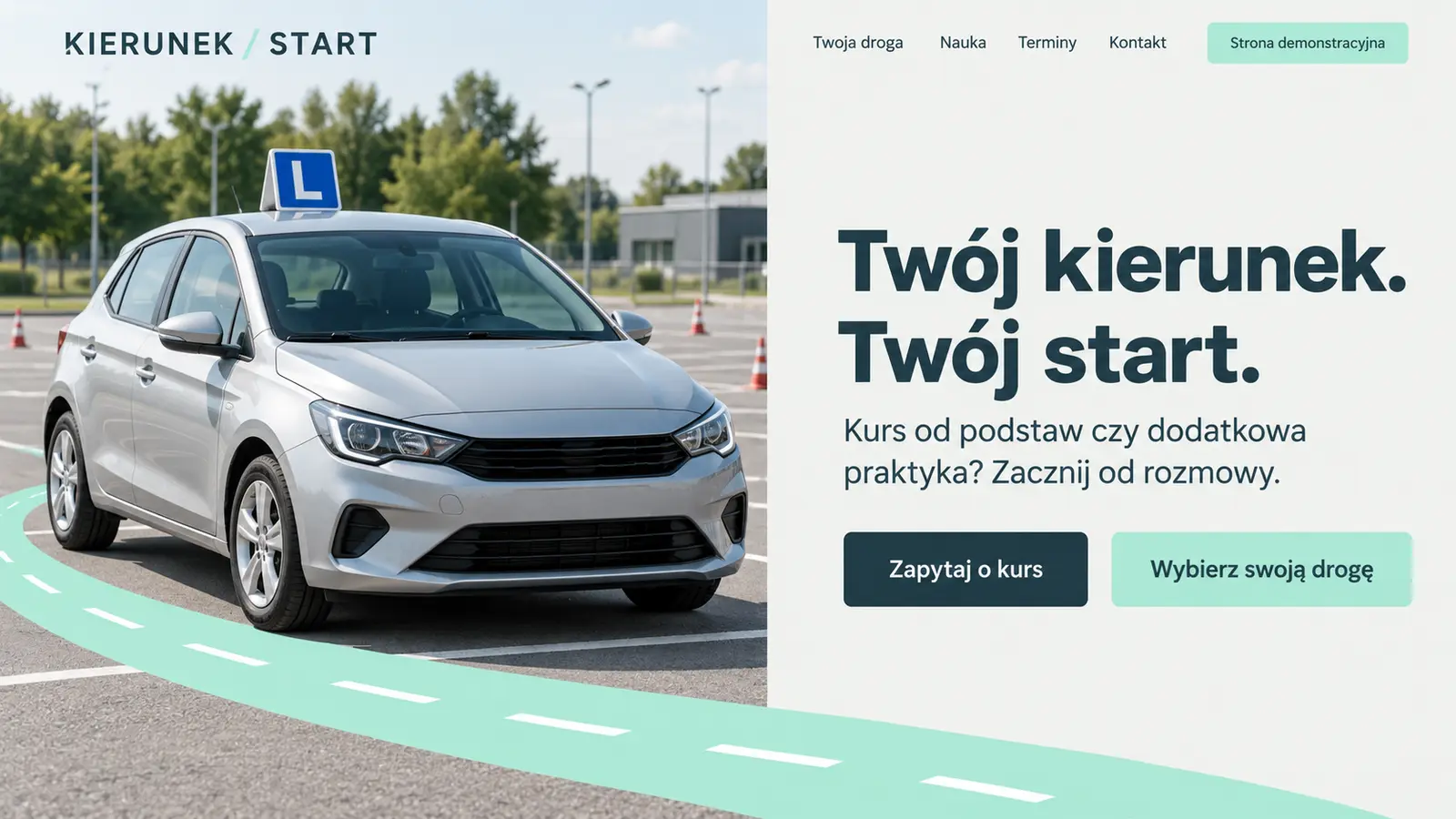 Projekt szablonu Nowoczesny dla szkoły jazdy — sekcja Wybór kierunku