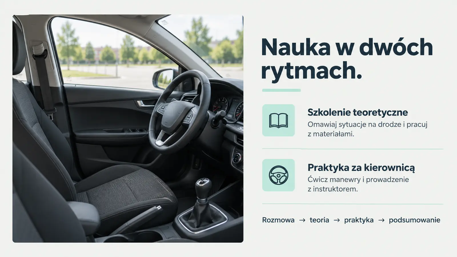 Projekt szablonu Nowoczesny dla szkoły jazdy — sekcja Teoria i praktyka