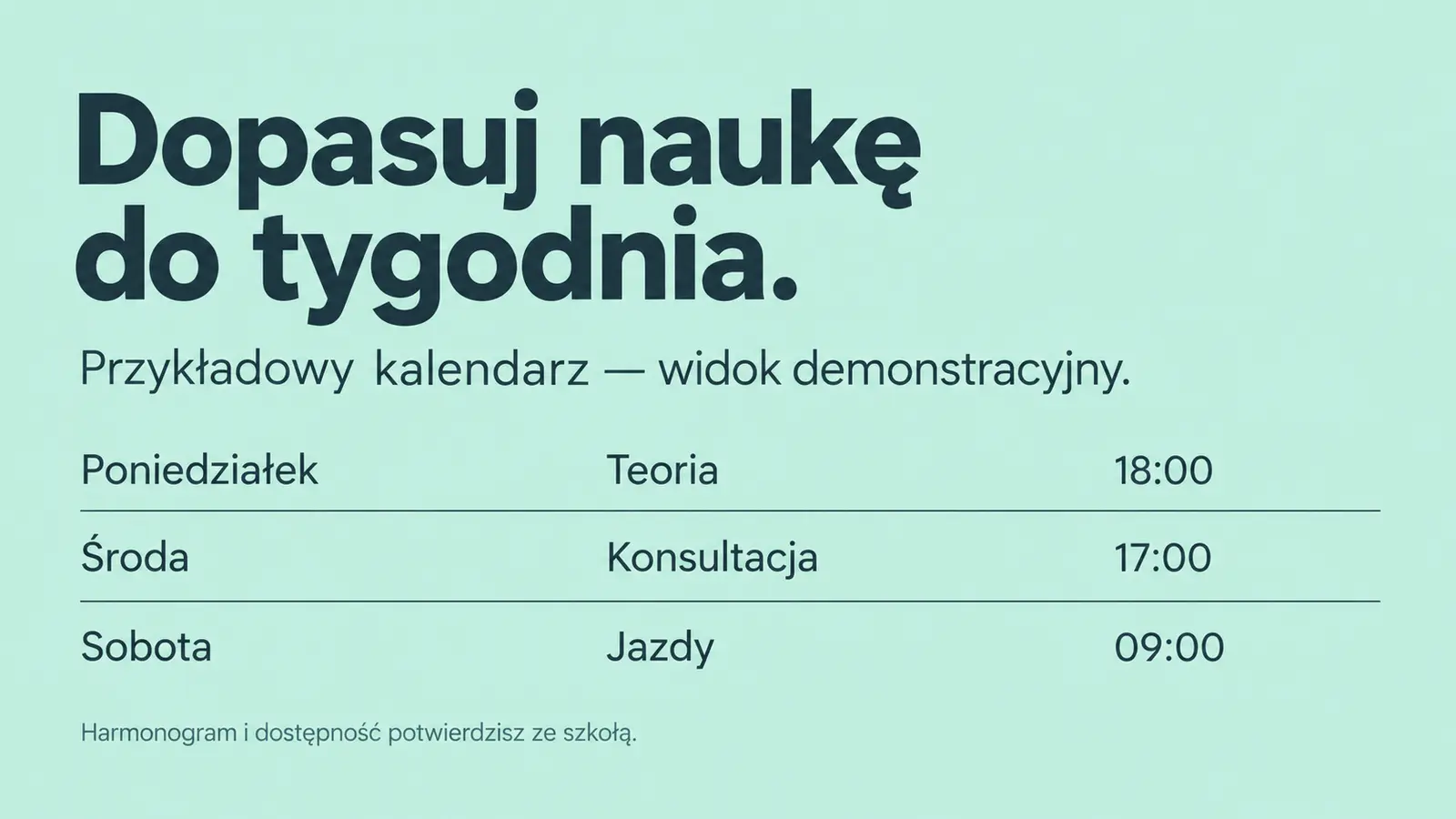 Projekt szablonu Nowoczesny dla szkoły jazdy — sekcja Układ zajęć