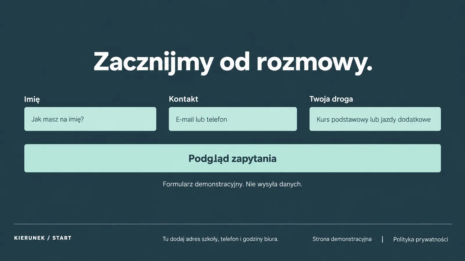 Projekt szablonu Nowoczesny dla szkoły jazdy — sekcja Zapytanie