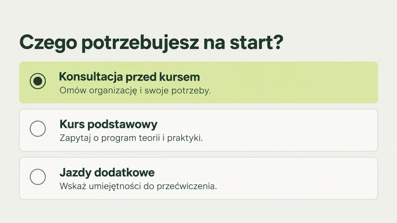 Projekt szablonu Rezerwacje dla szkoły jazdy — sekcja Rodzaj zajęć