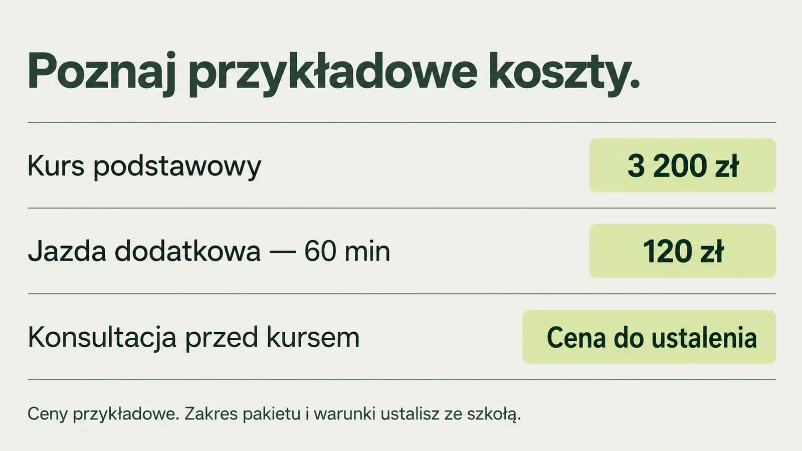 Projekt szablonu Rezerwacje dla szkoły jazdy — sekcja Ceny