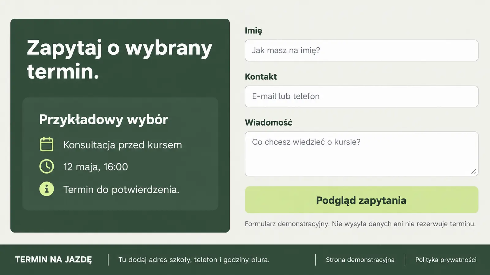 Projekt szablonu Rezerwacje dla szkoły jazdy — sekcja Podsumowanie zapytania