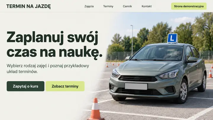 Projekt szablonu Rezerwacje dla branży Szkoła jazdy — pierwszy ekran