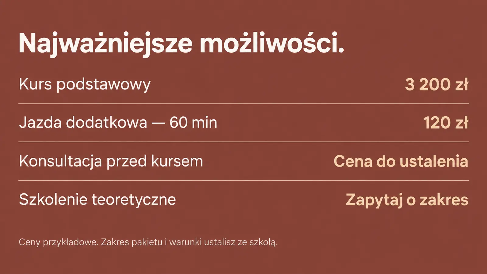 Projekt szablonu Wizytówka dla szkoły jazdy — sekcja Oferta i cennik