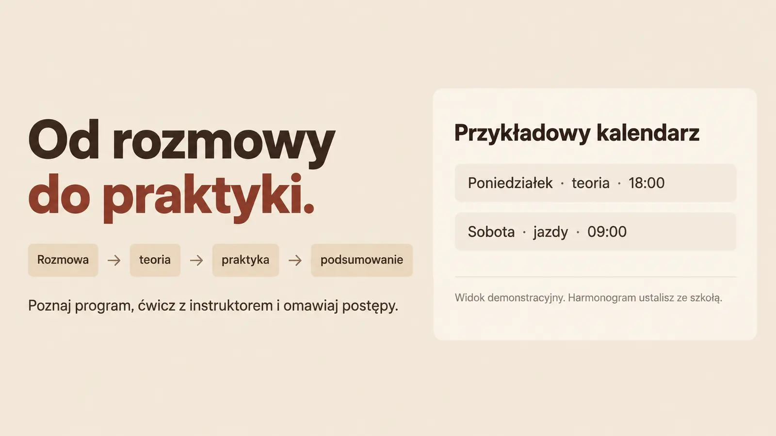 Projekt szablonu Wizytówka dla szkoły jazdy — sekcja Nauka i terminy