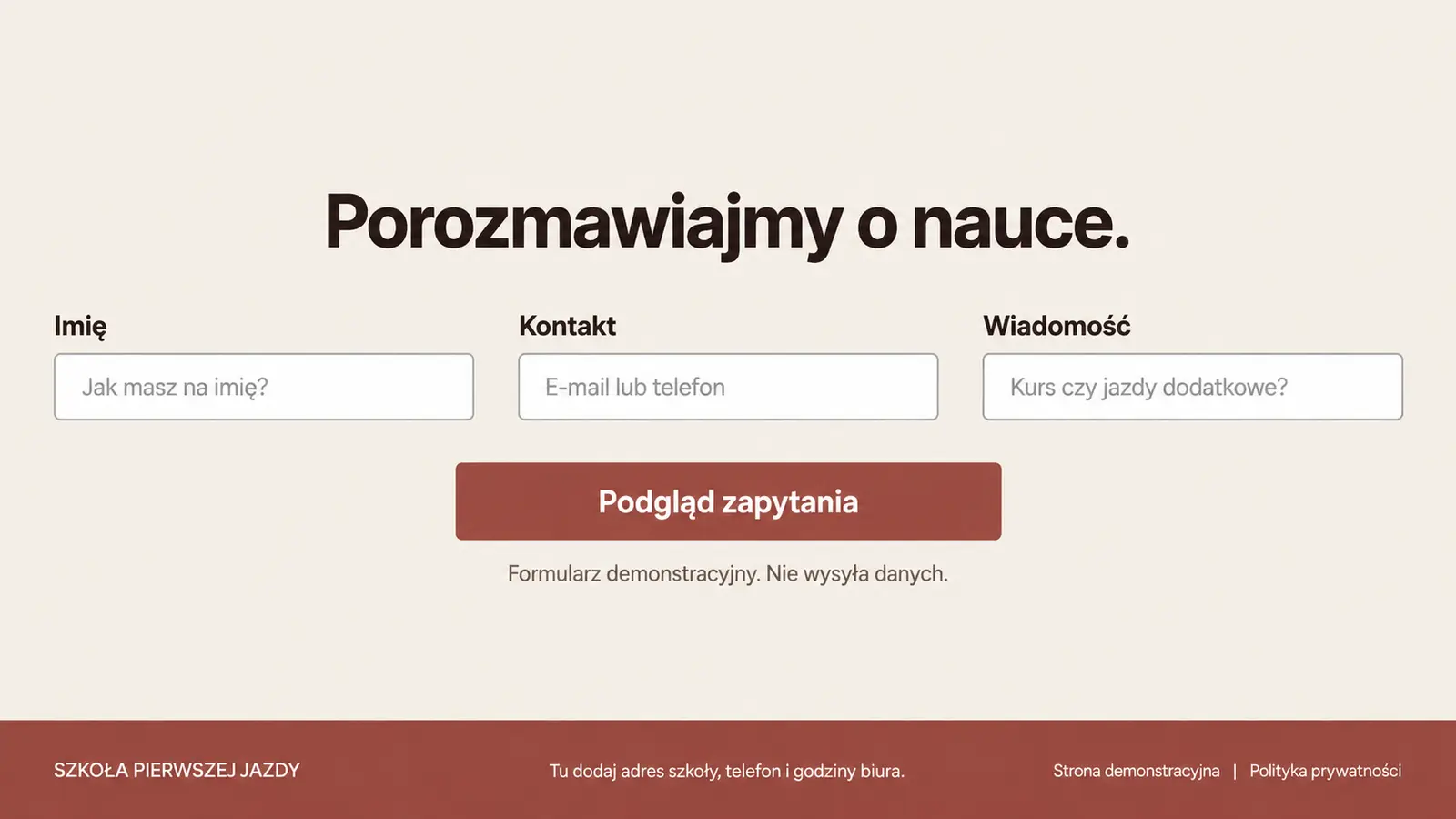 Projekt szablonu Wizytówka dla szkoły jazdy — sekcja Kontakt